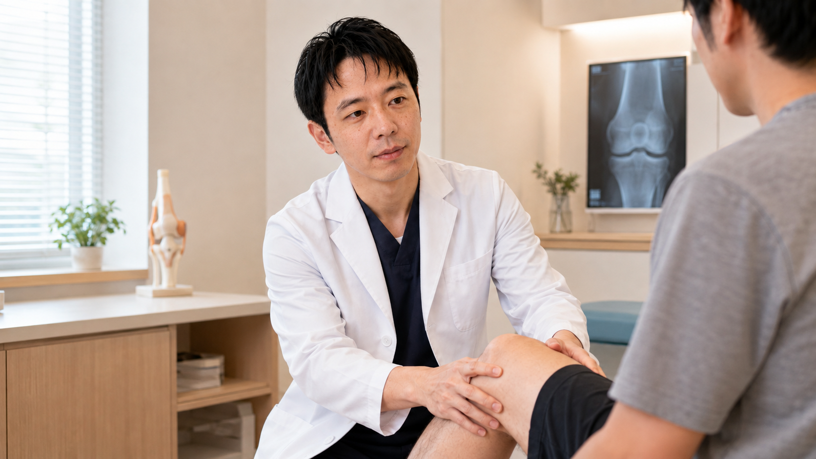 患者さんの膝を診察する関石院長